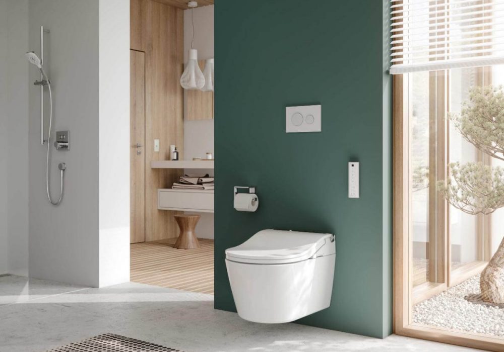 Dusch WC in Bad. Montiert an Wand mit grüner Akzentfarbe
